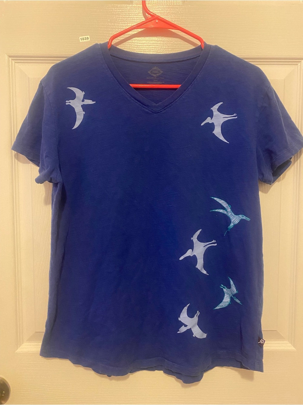 Womens Blue V-Neck T-Shirt with pterodactyl Print